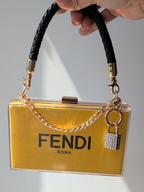 Upcycled Yellow Acrylic Box Bag with Black Braided Handle and Gold Chain